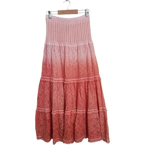 Lace Tiered Maxi Skirt Women's Small Boho Gypsy Ombre Crepe Crinkle‎ Tassel Pink