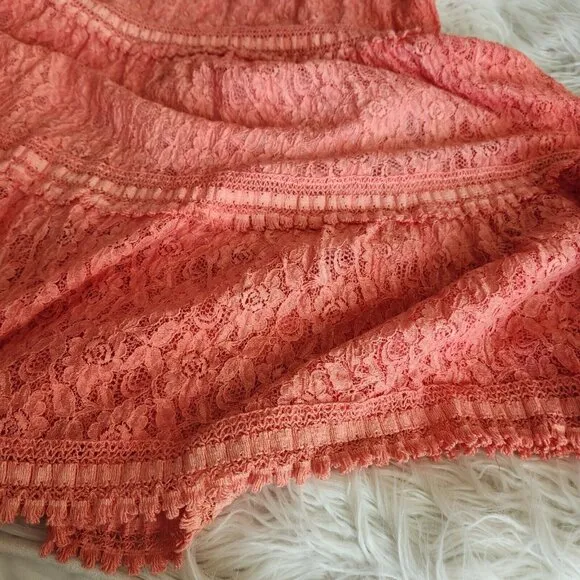 Lace Tiered Maxi Skirt Women's Small Boho Gypsy Ombre Crepe Crinkle‎ Tassel Pink