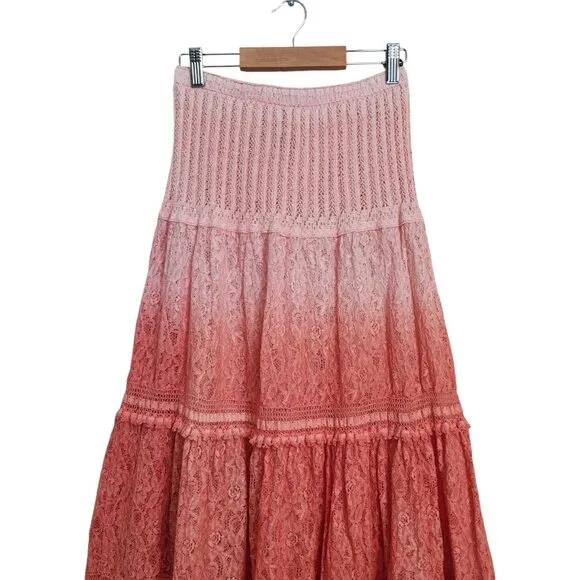 Lace Tiered Maxi Skirt Women's Small Boho Gypsy Ombre Crepe Crinkle‎ Tassel Pink