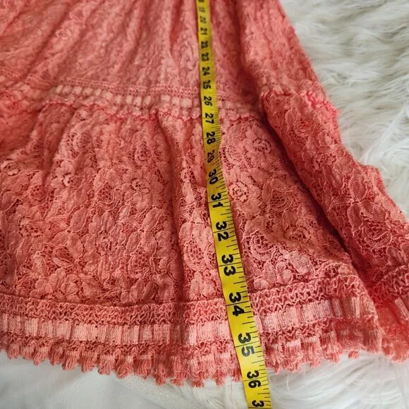 Lace Tiered Maxi Skirt Women's Small Boho Gypsy Ombre Crepe Crinkle‎ Tassel Pink