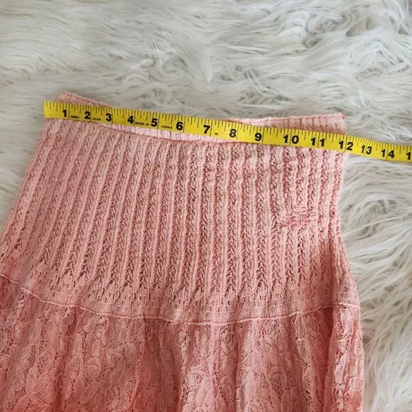Lace Tiered Maxi Skirt Women's Small Boho Gypsy Ombre Crepe Crinkle‎ Tassel Pink