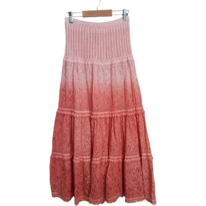 Lace Tiered Maxi Skirt Women's Small Boho Gypsy Ombre Crepe Crinkle‎ Tassel Pink