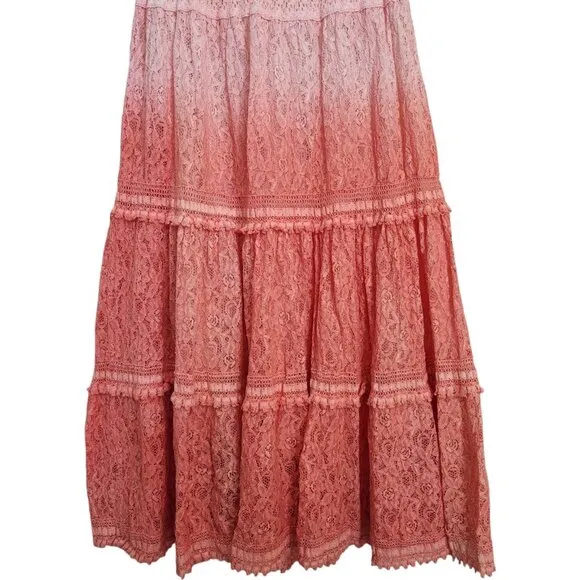 Lace Tiered Maxi Skirt Women's Small Boho Gypsy Ombre Crepe Crinkle‎ Tassel Pink
