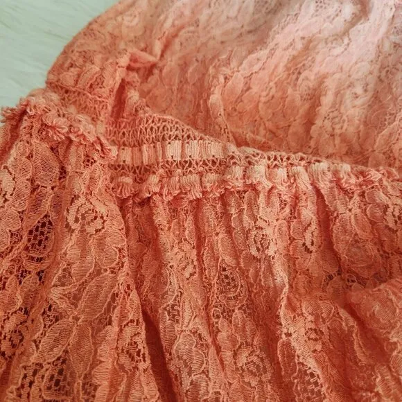Lace Tiered Maxi Skirt Women's Small Boho Gypsy Ombre Crepe Crinkle‎ Tassel Pink