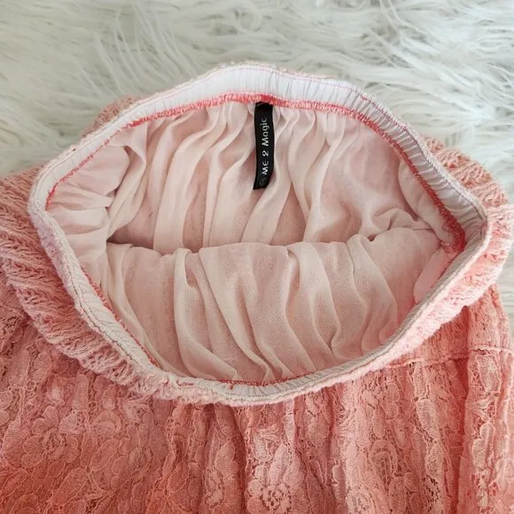 Lace Tiered Maxi Skirt Women's Small Boho Gypsy Ombre Crepe Crinkle‎ Tassel Pink