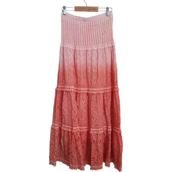 Lace Tiered Maxi Skirt Women's Small Boho Gypsy Ombre Crepe Crinkle‎ Tassel Pink