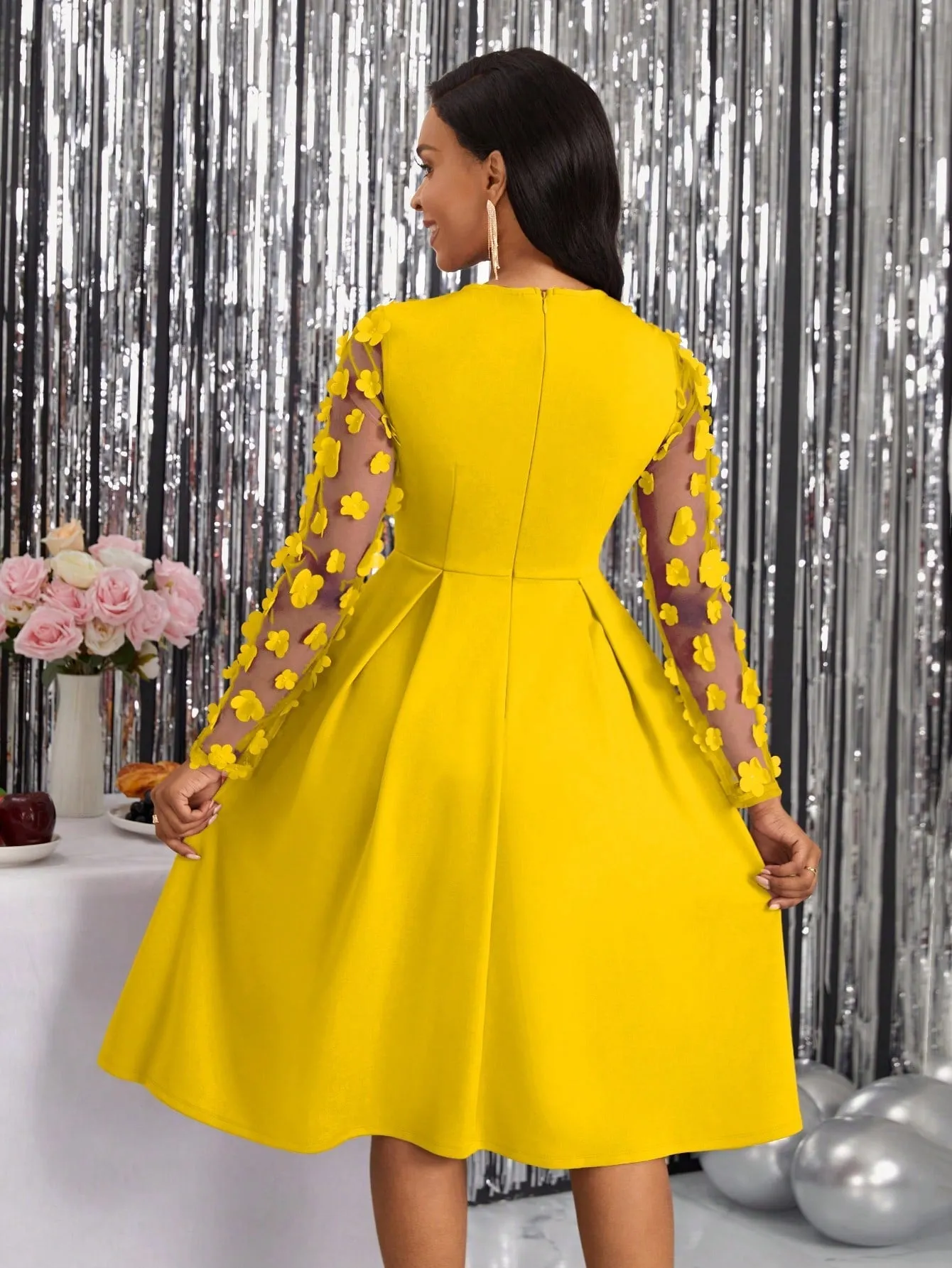 Lady Spring Leisure Patchwork Mesh Tulle Flower Pleated A-Line Dress