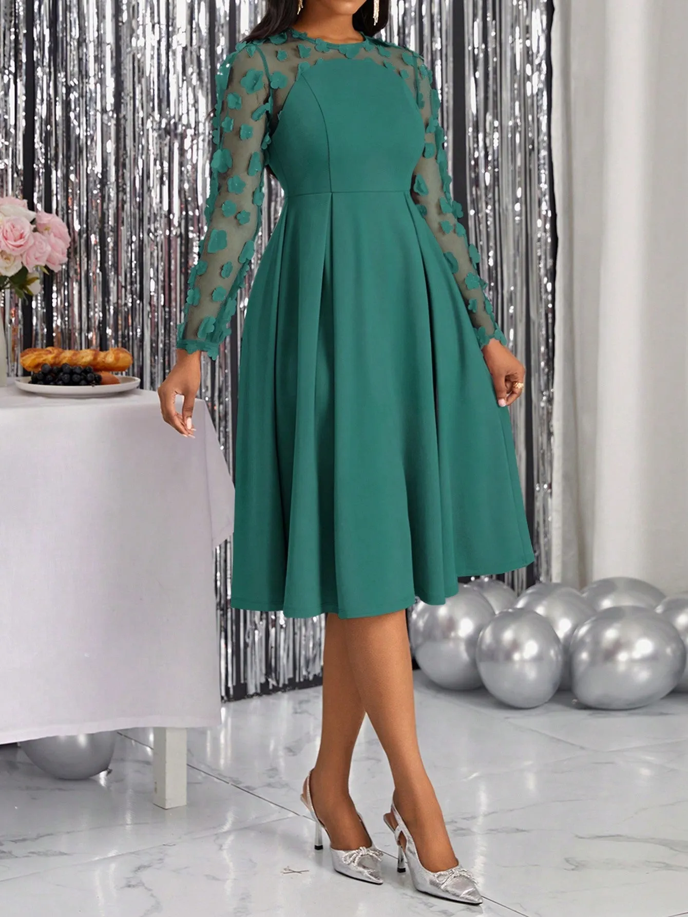 Lady Spring Leisure Patchwork Mesh Tulle Flower Pleated A-Line Dress