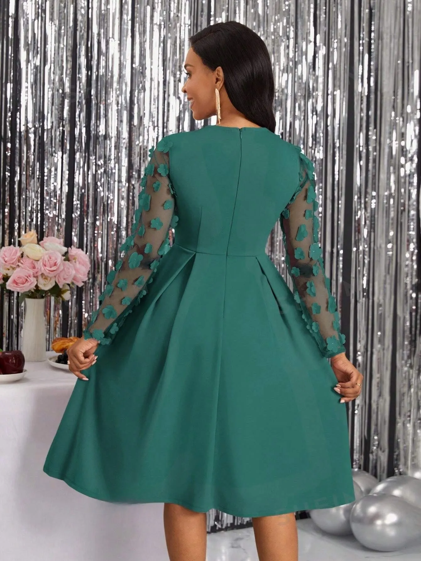 Lady Spring Leisure Patchwork Mesh Tulle Flower Pleated A-Line Dress