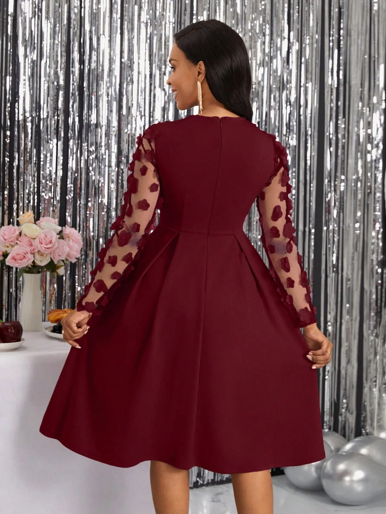 Lady Spring Leisure Patchwork Mesh Tulle Flower Pleated A-Line Dress