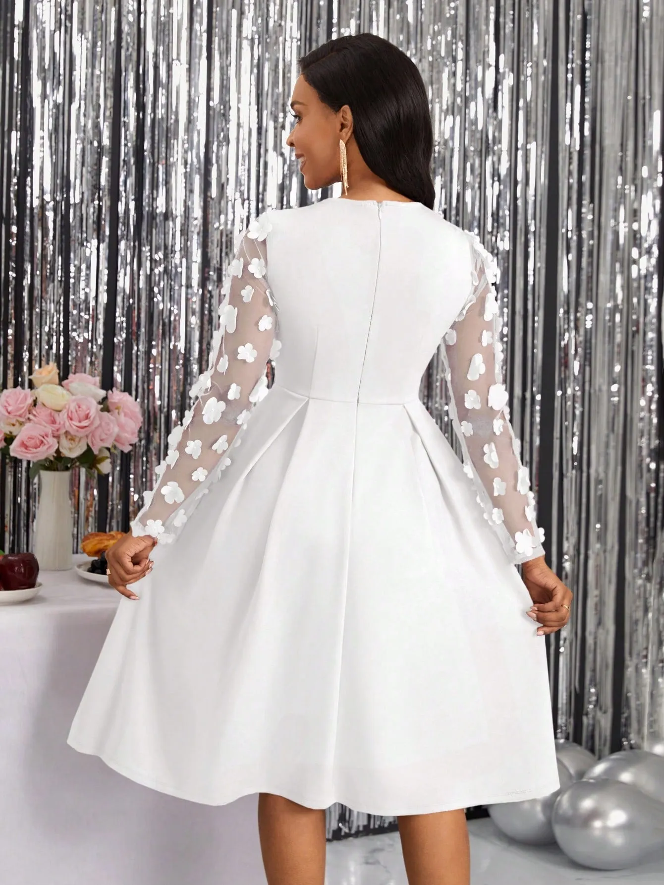 Lady Spring Leisure Patchwork Mesh Tulle Flower Pleated A-Line Dress