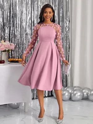 Lady Spring Leisure Patchwork Mesh Tulle Flower Pleated A-Line Dress
