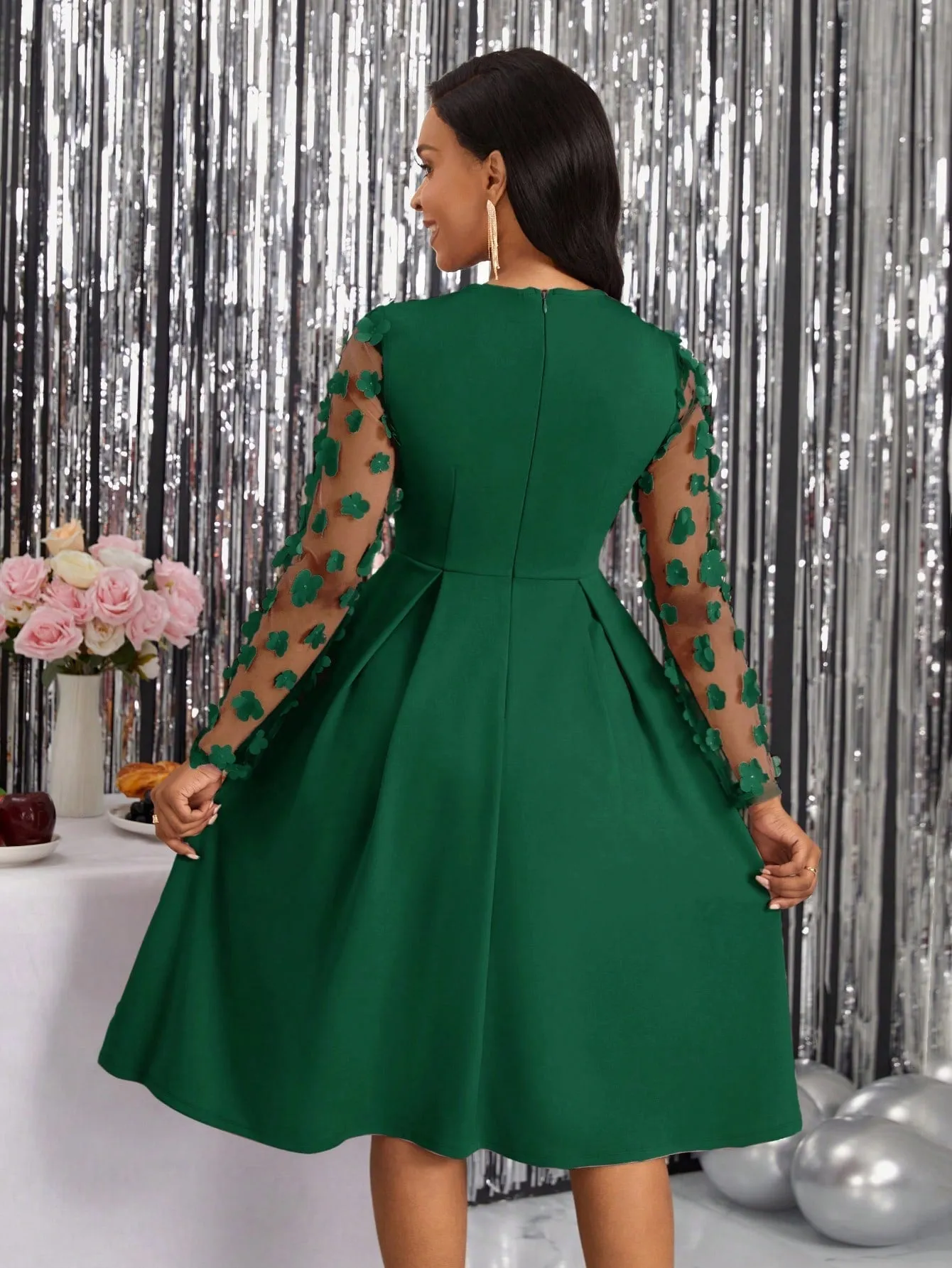 Lady Spring Leisure Patchwork Mesh Tulle Flower Pleated A-Line Dress