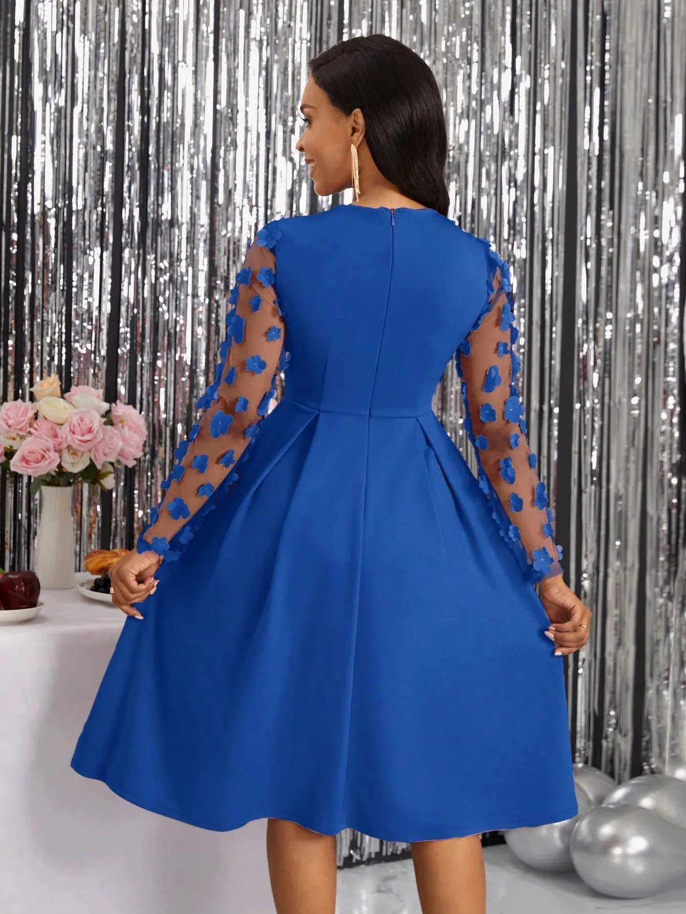 Lady Spring Leisure Patchwork Mesh Tulle Flower Pleated A-Line Dress