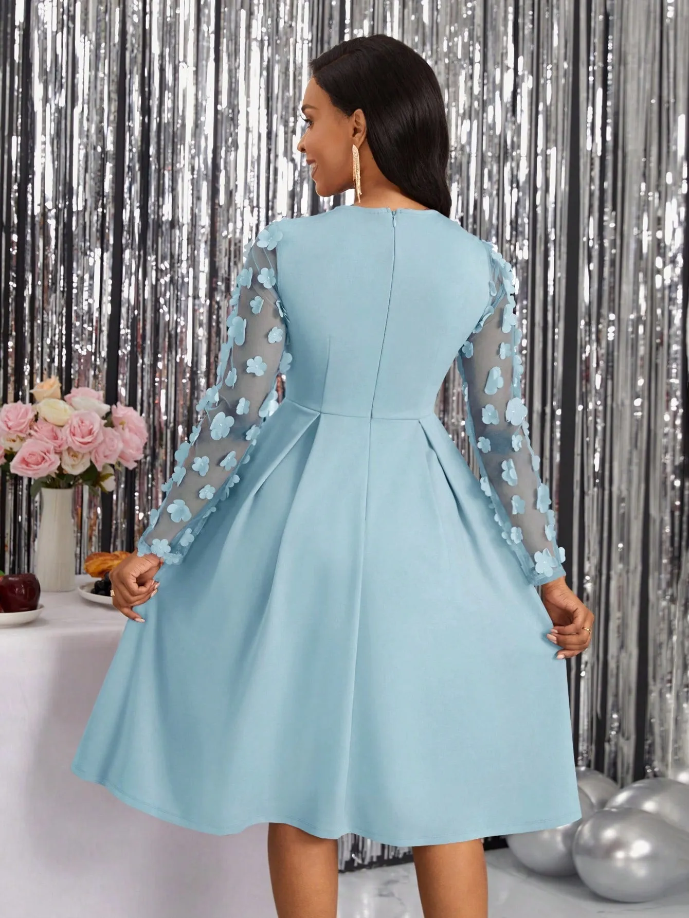 Lady Spring Leisure Patchwork Mesh Tulle Flower Pleated A-Line Dress