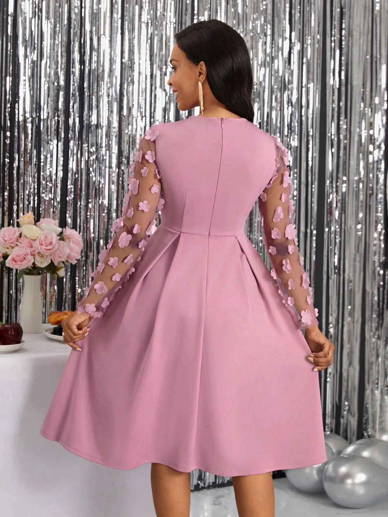 Lady Spring Leisure Patchwork Mesh Tulle Flower Pleated A-Line Dress