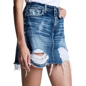 L’AGENCE Jolene Denim Raw Edge Mini Skirt Destructed Newberry Blue