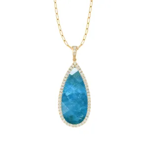 Laguna Blue 18K Yellow Gold Acqua Apatite Halo Diamond Pendant With Paperclip Chain Necklace