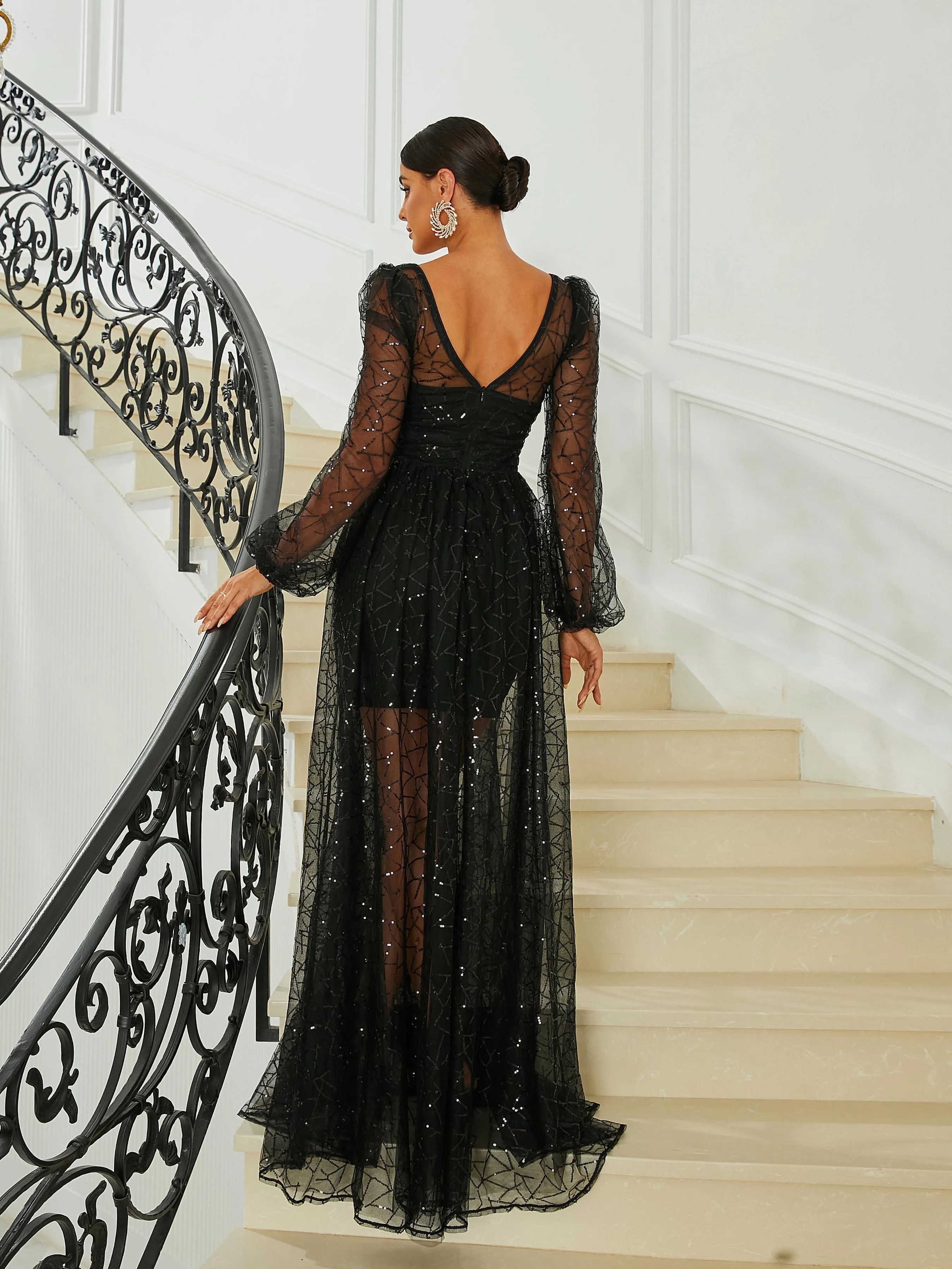 Lantern Sleeve Black Tulle Dress RA60074