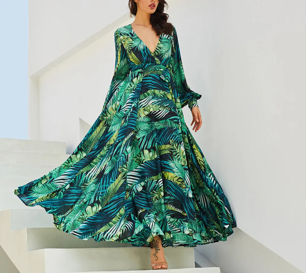 Lantern Sleeve V-neck Green Leaf Print Dress
