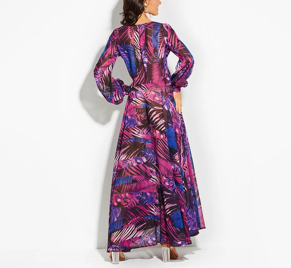 Lantern Sleeve V-neck Green Leaf Print Dress