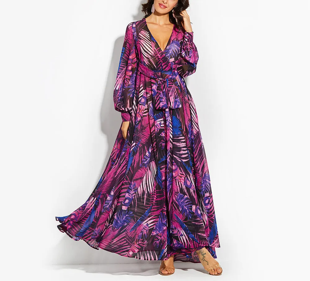 Lantern Sleeve V-neck Green Leaf Print Dress
