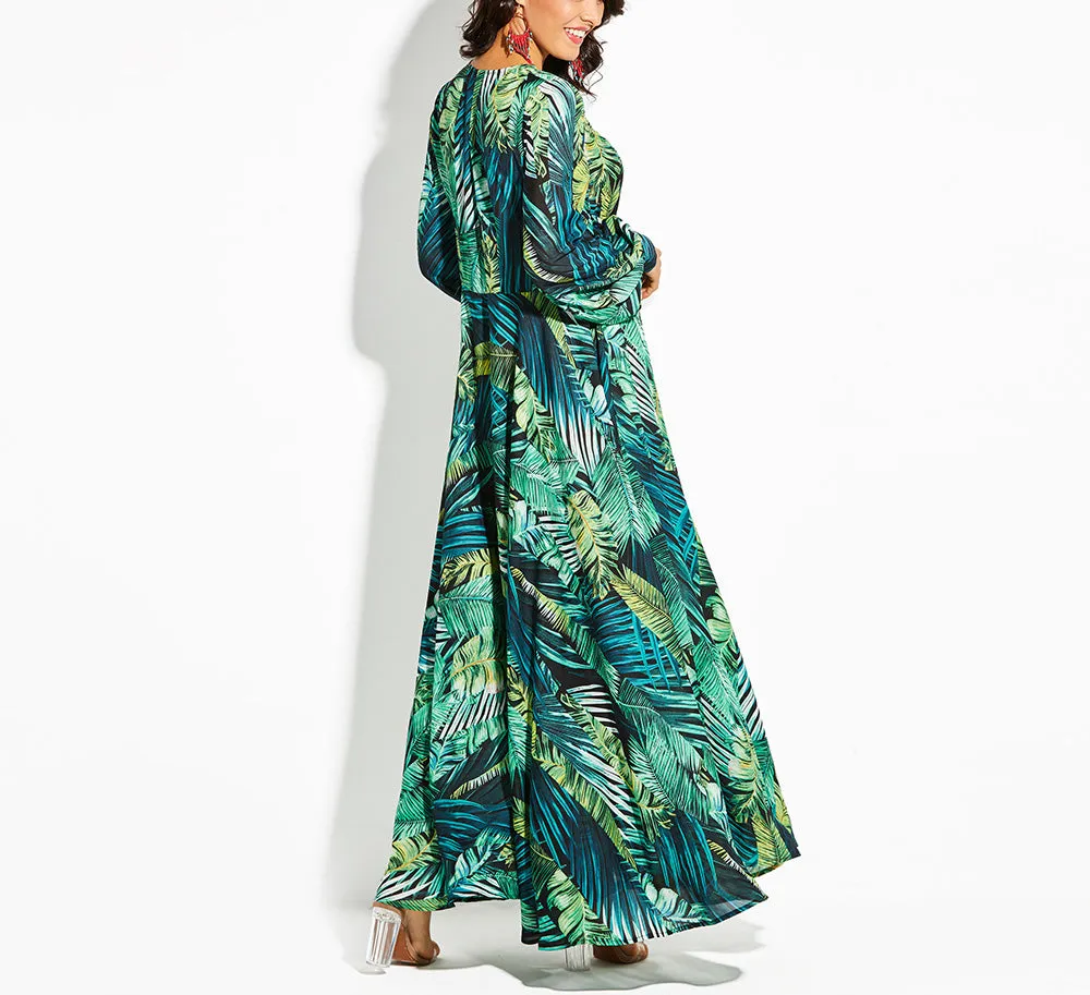 Lantern Sleeve V-neck Green Leaf Print Dress