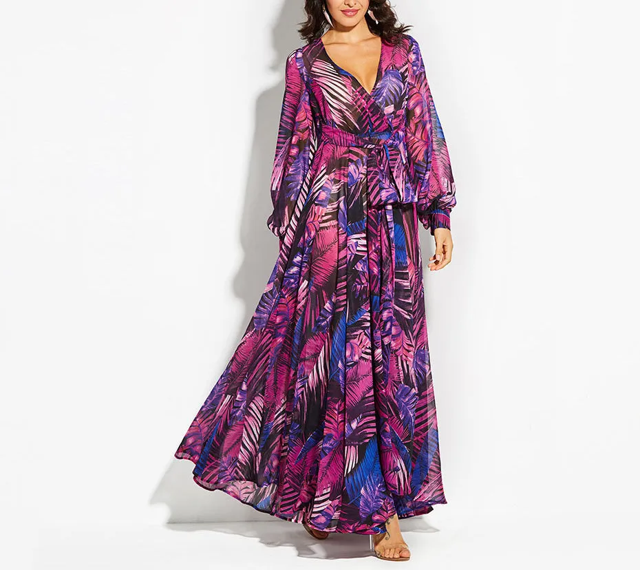 Lantern Sleeve V-neck Green Leaf Print Dress
