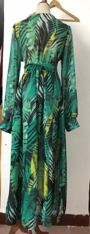 Lantern Sleeve V-neck Green Leaf Print Dress