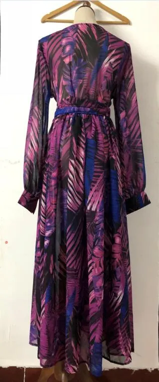 Lantern Sleeve V-neck Green Leaf Print Dress