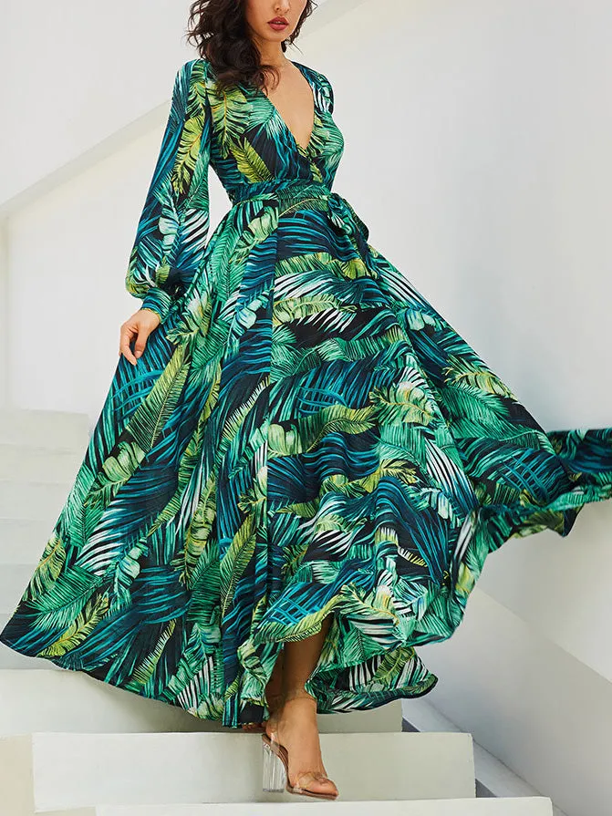 Lantern Sleeve V-neck Green Leaf Print Dress