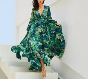Lantern Sleeve V-neck Green Leaf Print Dress