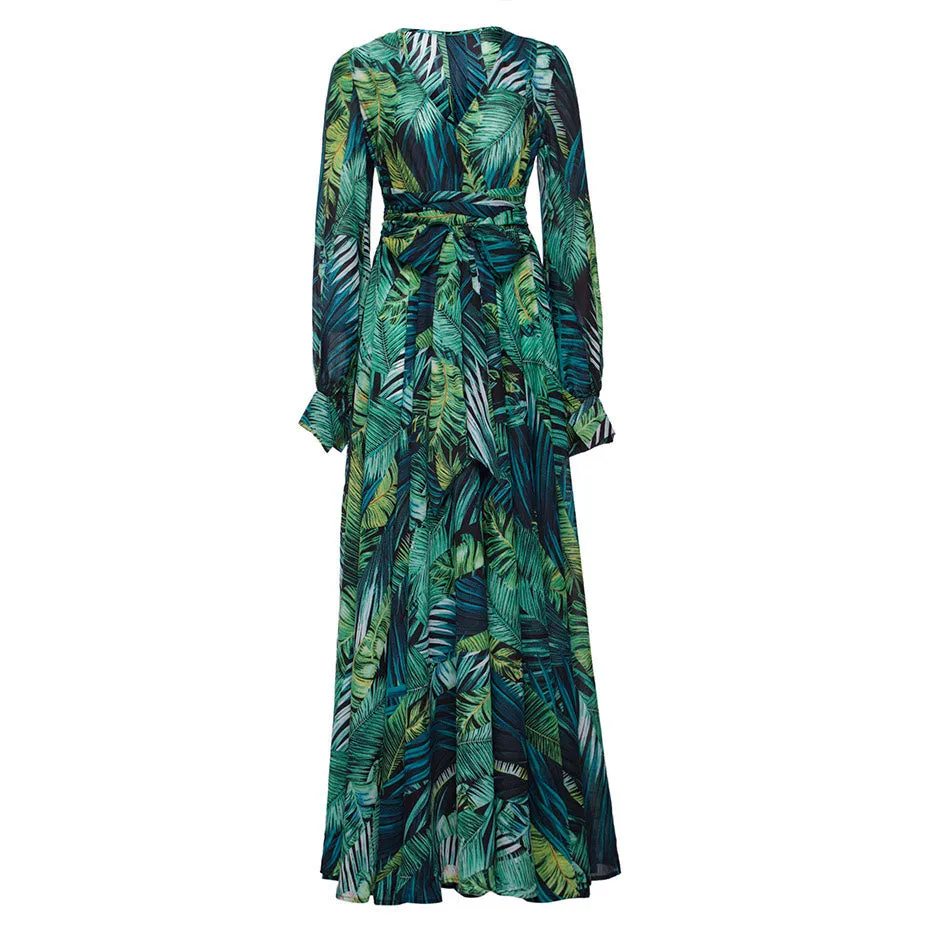 Lantern Sleeve V-neck Green Leaf Print Dress