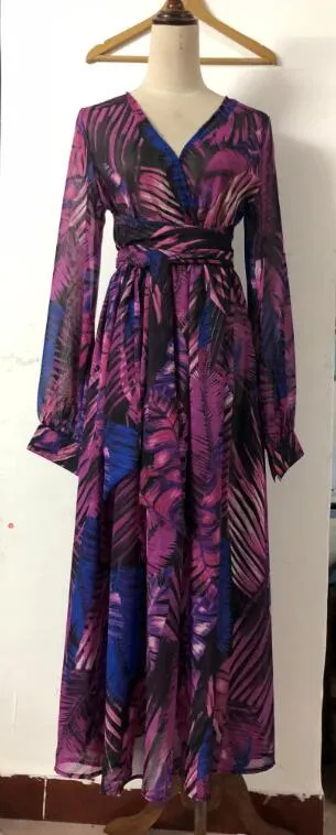 Lantern Sleeve V-neck Green Leaf Print Dress