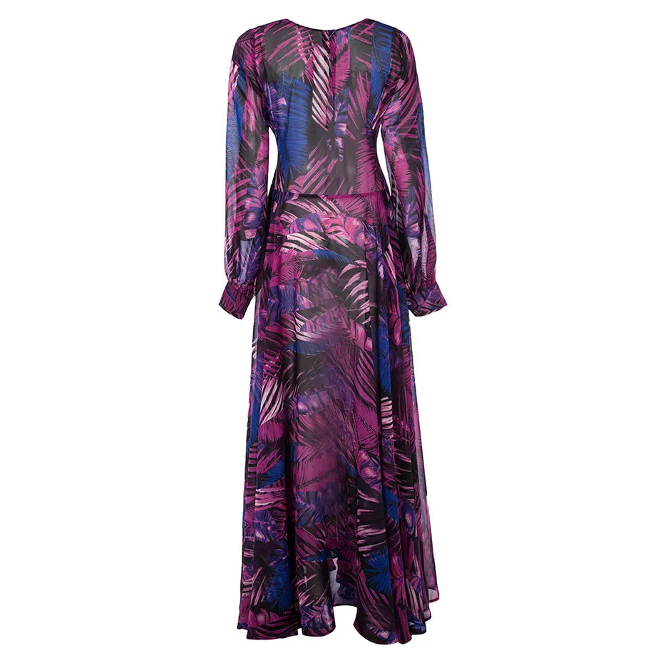 Lantern Sleeve V-neck Green Leaf Print Dress