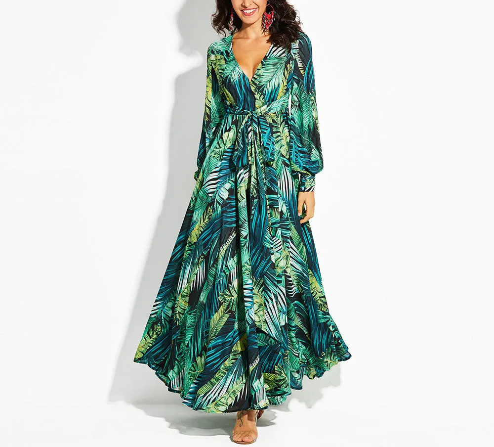 Lantern Sleeve V-neck Green Leaf Print Dress