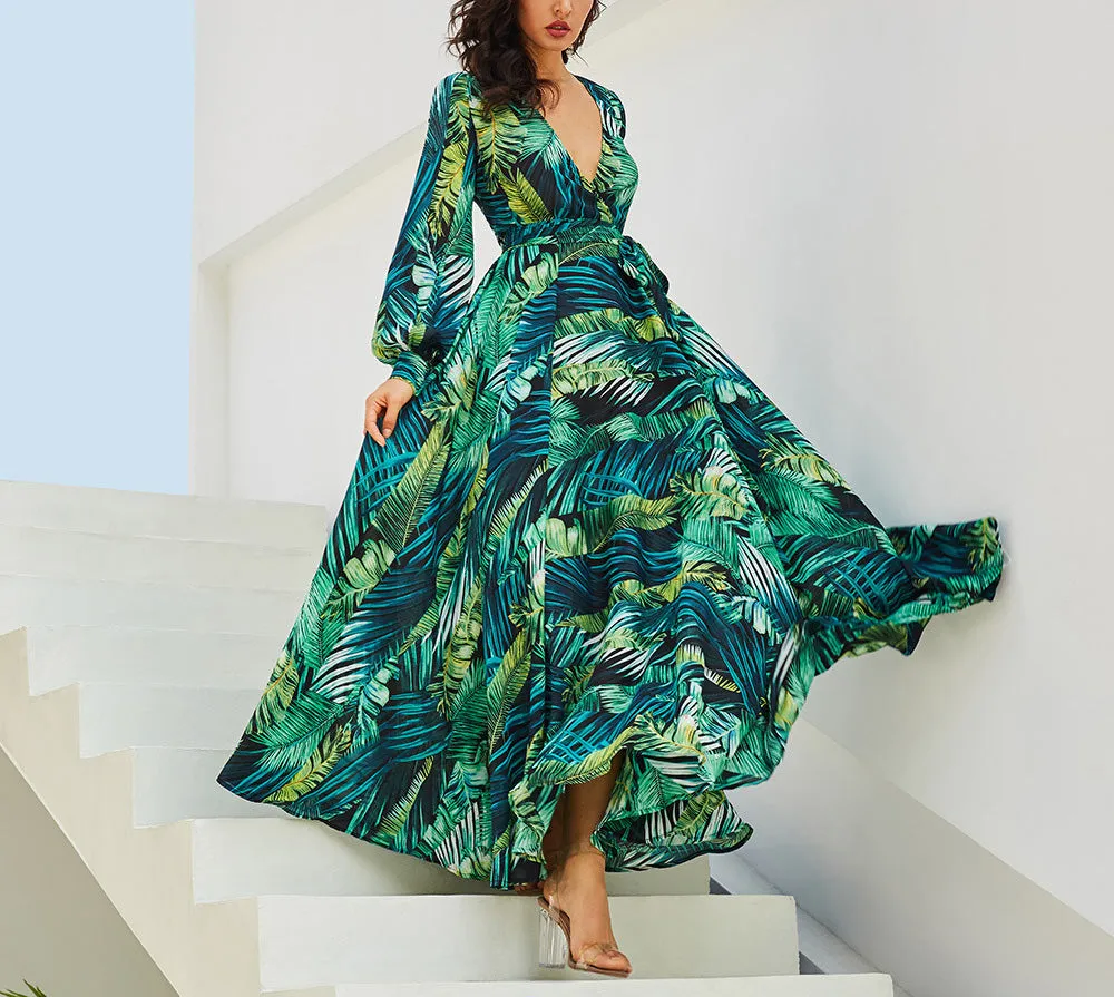 Lantern Sleeve V-neck Green Leaf Print Dress