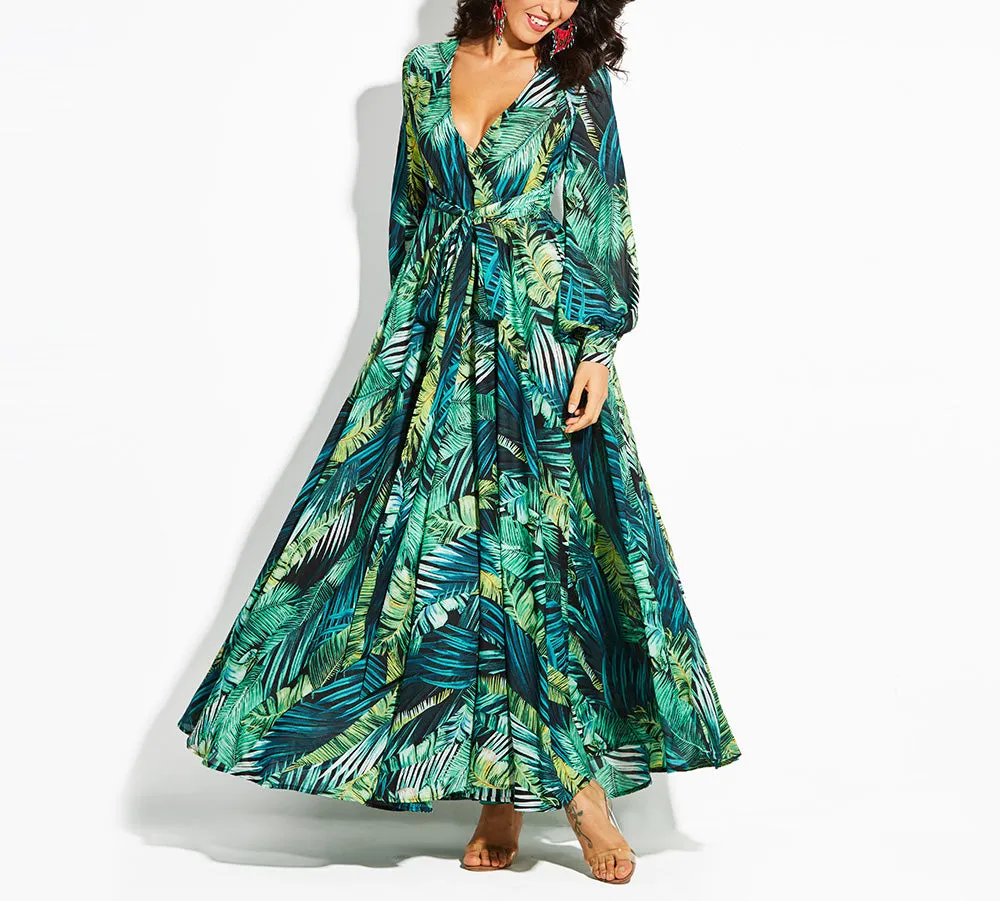 Lantern Sleeve V-neck Green Leaf Print Dress