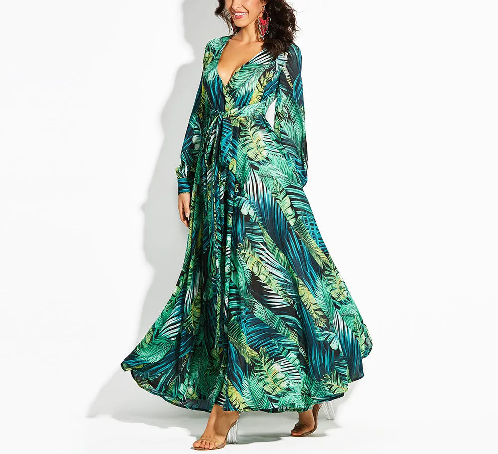 Lantern Sleeve V-neck Green Leaf Print Dress
