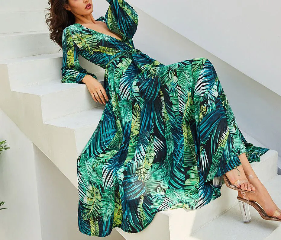 Lantern Sleeve V-neck Green Leaf Print Dress