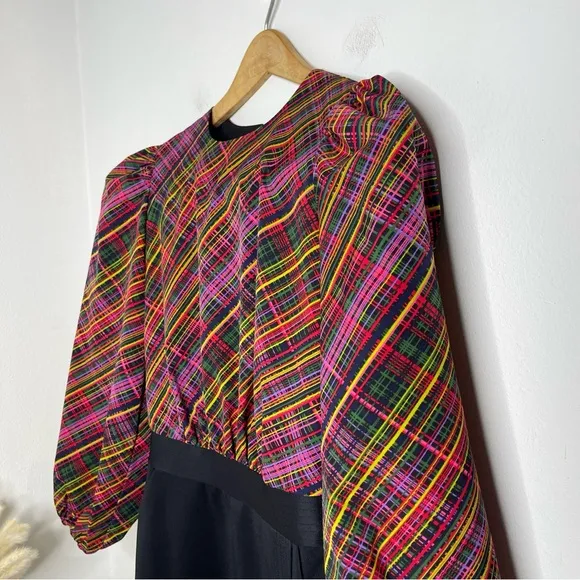 LDT Ivonne Tartan Plaid Scuba Balloon Sleeve Pockets Wrap Pencil Dress Size 2