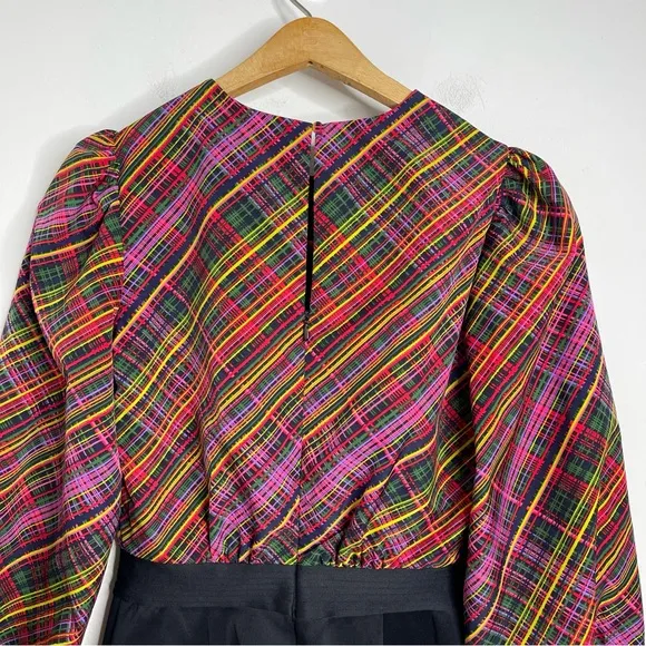 LDT Ivonne Tartan Plaid Scuba Balloon Sleeve Pockets Wrap Pencil Dress Size 2