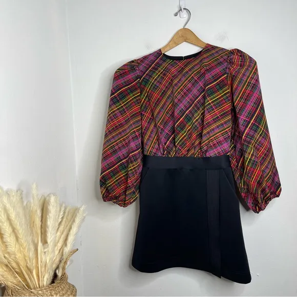 LDT Ivonne Tartan Plaid Scuba Balloon Sleeve Pockets Wrap Pencil Dress Size 2