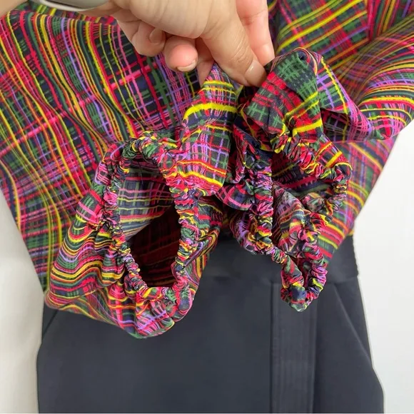 LDT Ivonne Tartan Plaid Scuba Balloon Sleeve Pockets Wrap Pencil Dress Size 2