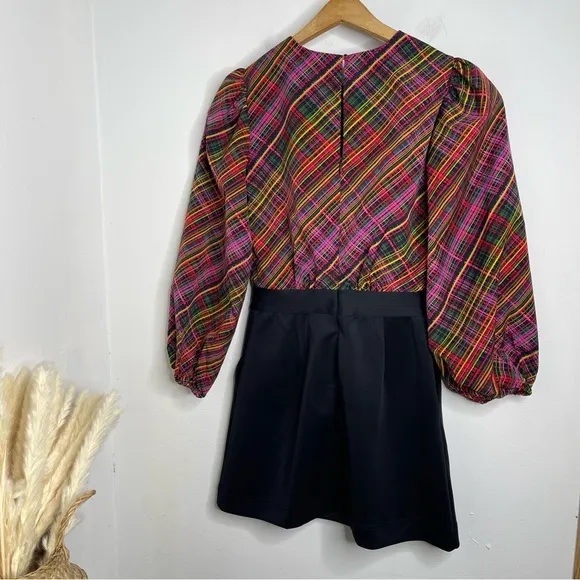 LDT Ivonne Tartan Plaid Scuba Balloon Sleeve Pockets Wrap Pencil Dress Size 2