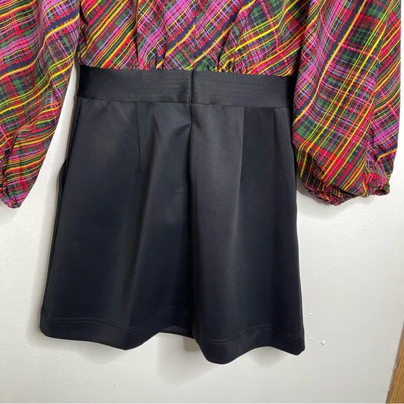 LDT Ivonne Tartan Plaid Scuba Balloon Sleeve Pockets Wrap Pencil Dress Size 2