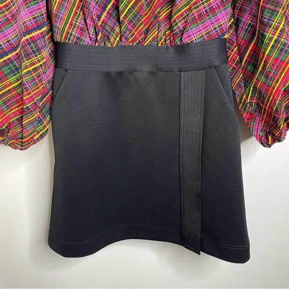 LDT Ivonne Tartan Plaid Scuba Balloon Sleeve Pockets Wrap Pencil Dress Size 2