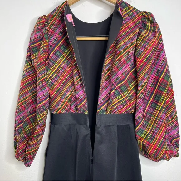 LDT Ivonne Tartan Plaid Scuba Balloon Sleeve Pockets Wrap Pencil Dress Size 2
