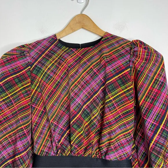 LDT Ivonne Tartan Plaid Scuba Balloon Sleeve Pockets Wrap Pencil Dress Size 2