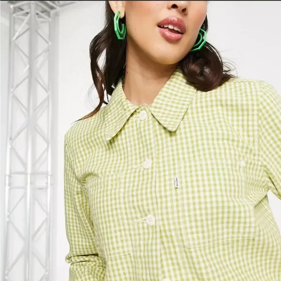 Levi’s Premium Shrunken Chore Coat Green Gingham Size XS Janey Check Split Pea